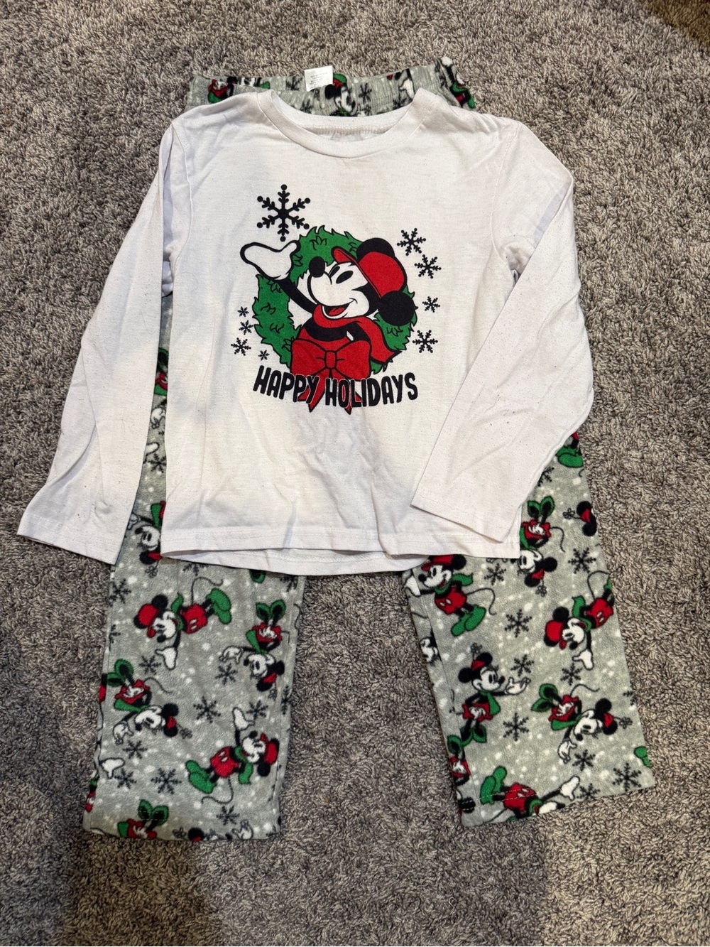 Disney Kids Christmas Winter Holiday Mickey Mouse Pajama Set - White, Green, Red